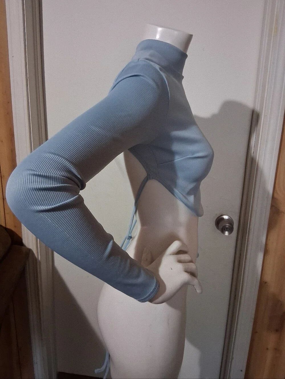 Nasty Gal Pastel Blue Ribbed Long-Sleeve Crop Top with Back Ties Size 2